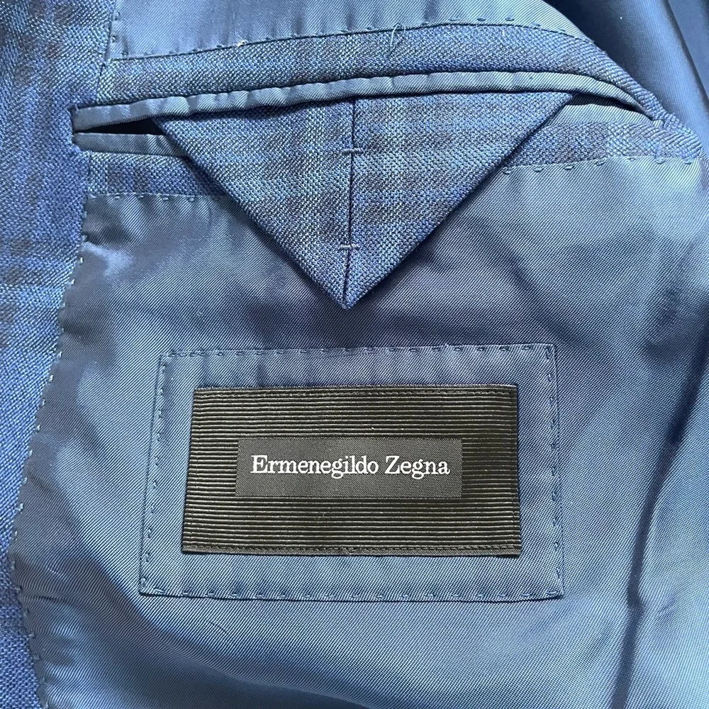 Ermenegildo Zegna Wool Sport Coat Blue Windowpane US 42L/IT 52L Blazer Office